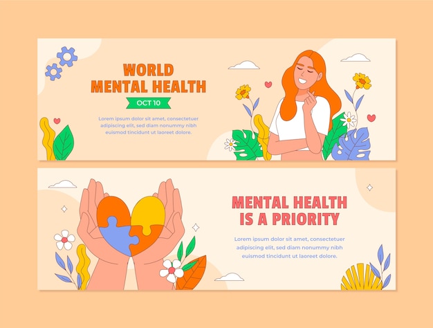 Modelo de banner horizontal desenhado à mão para conscientização do dia mundial da saúde mental