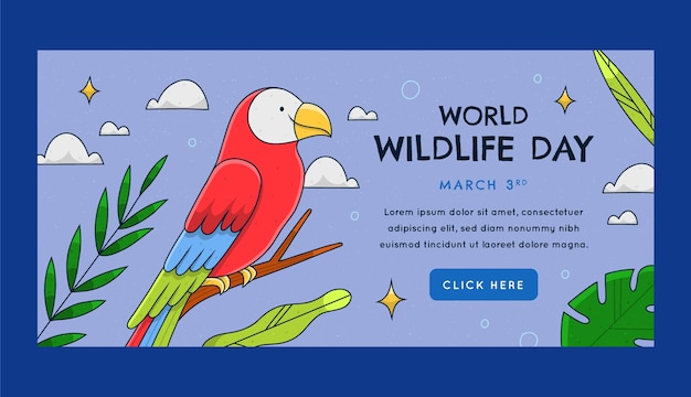 Vetor grátis modelo de banner horizontal desenhado à mão para o dia mundial da vida selvagem com flora e fauna