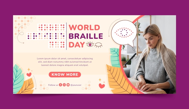 Modelo de banner horizontal do dia braille do mundo plano