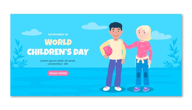 Vetor grátis modelo de banner horizontal do dia das crianças do mundo plano