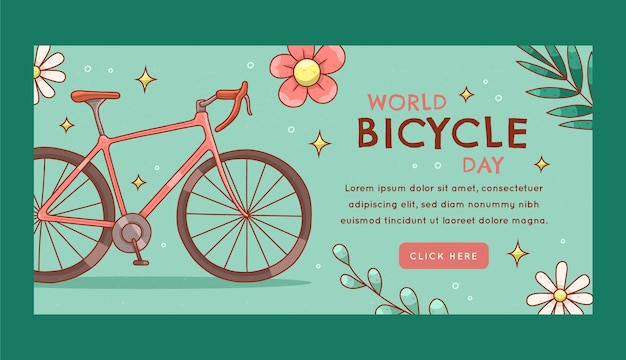 Modelo de banner horizontal do dia mundial da bicicleta desenhado à mão