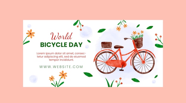Modelo de banner horizontal do dia mundial da bicicleta em aquarela