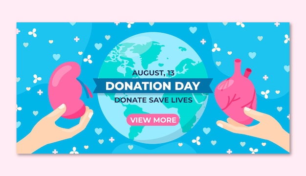 Vetor grátis modelo de banner horizontal do dia mundial da doação de órgãos plano com as mãos segurando o coração e o fígado