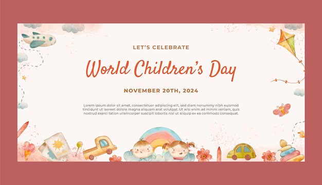Vetor grátis modelo de banner horizontal do dia mundial das crianças em aquarela