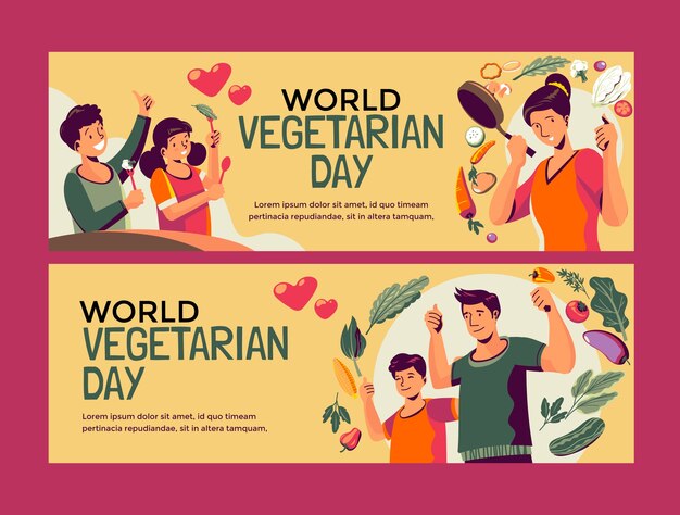 Modelo de banner horizontal do dia vegetariano do mundo plano