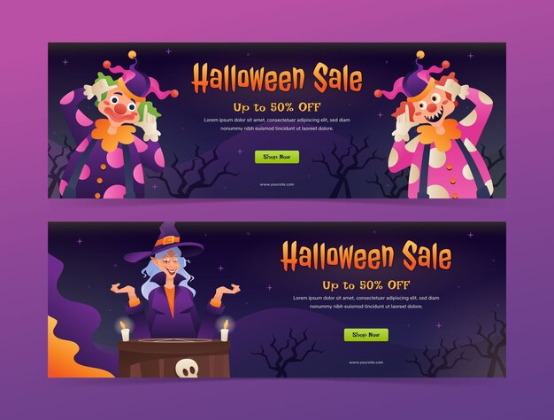 Modelo de banner horizontal gradiente para celebração da temporada de halloween