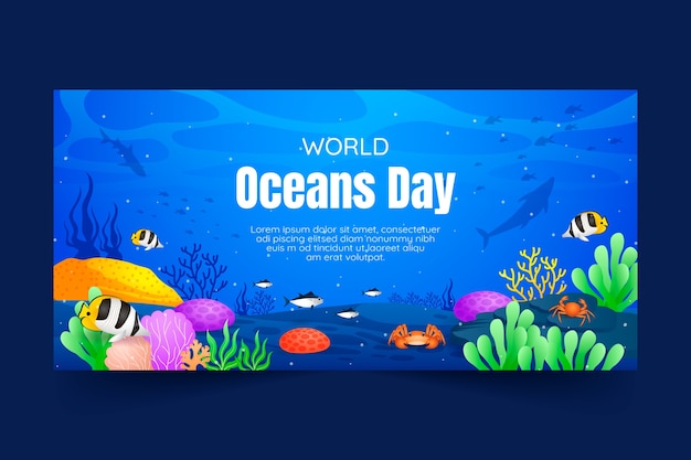 Modelo de banner horizontal gradiente para celebração do dia mundial dos oceanos