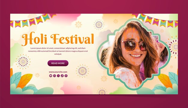 Modelo de banner horizontal gradiente para celebração do festival de holi