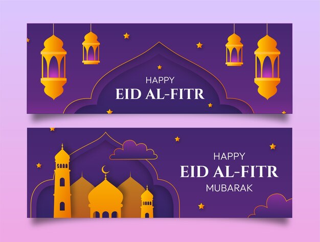 Modelo de banner horizontal gradiente para celebração islâmica do eid al-fitr