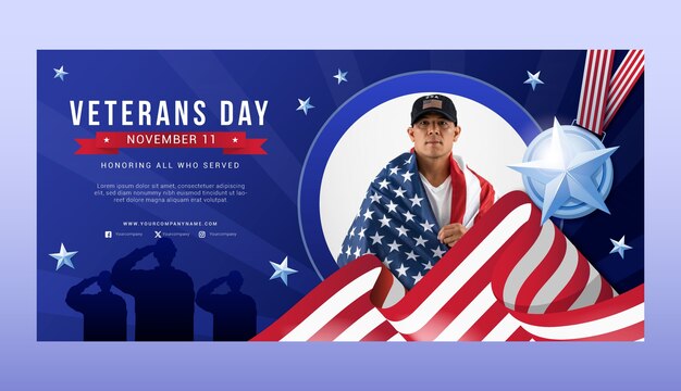 Modelo de banner horizontal gradiente para feriado do dia dos veteranos dos EUA