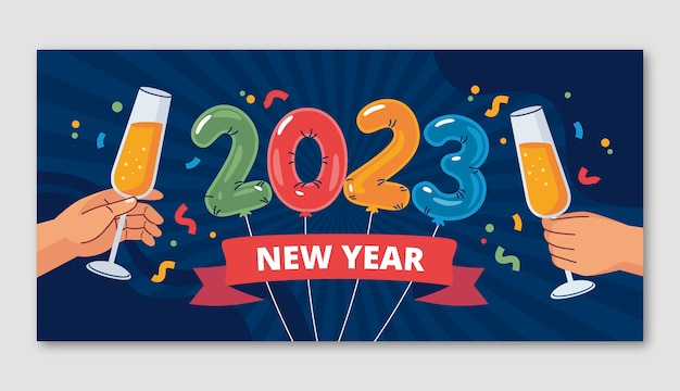 Modelo de banner horizontal plano de ano novo 2023