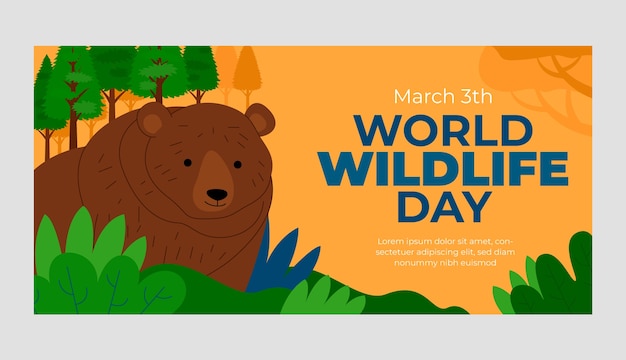 Vetor grátis modelo de banner horizontal plano do dia mundial da vida selvagem com fauna e flora
