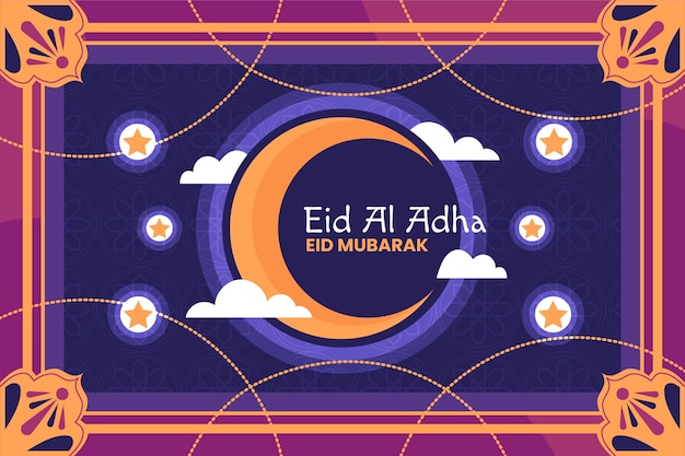 Vetor grátis modelo de banner horizontal plano eid al-adha com lua crescente