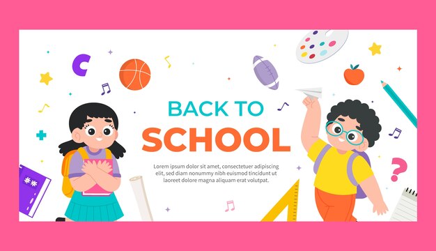 Modelo de banner horizontal plano para a temporada de volta às aulas