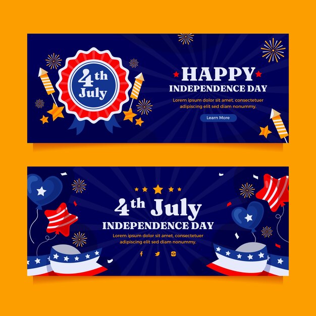 Modelo de banner horizontal plano para celebração americana de 4 de julho