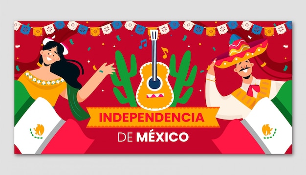 Vetor grátis modelo de banner horizontal plano para celebração da independência do méxico