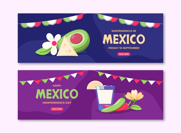 Modelo de banner horizontal plano para celebração da independência do méxico