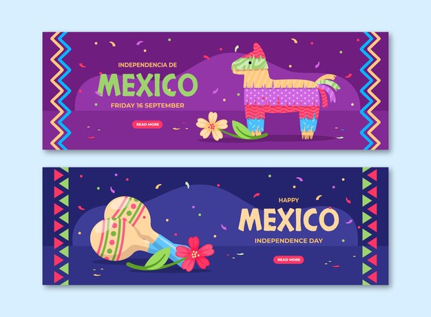 Modelo de banner horizontal plano para celebração da independência do méxico