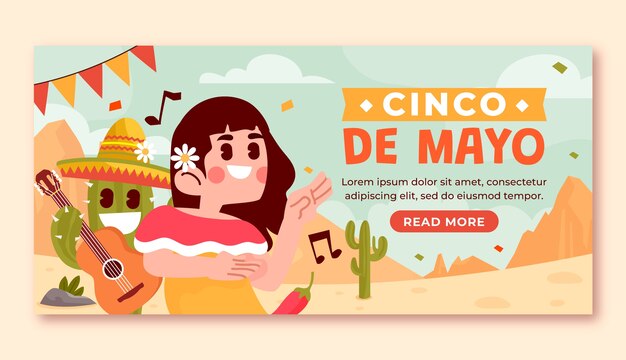 Modelo de banner horizontal plano para celebração de cinco de maio