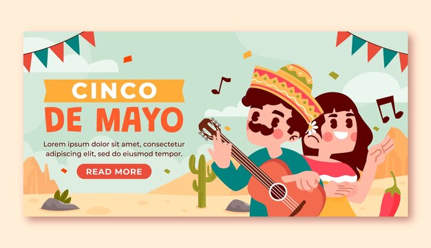 Modelo de banner horizontal plano para celebração de cinco de maio