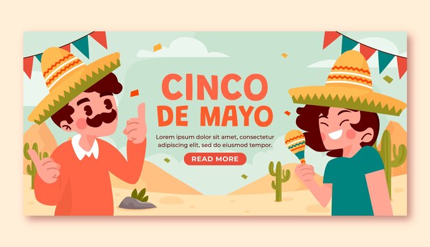 Modelo de banner horizontal plano para celebração de cinco de maio