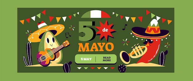 Vetor grátis modelo de banner horizontal plano para celebração de cinco de maio