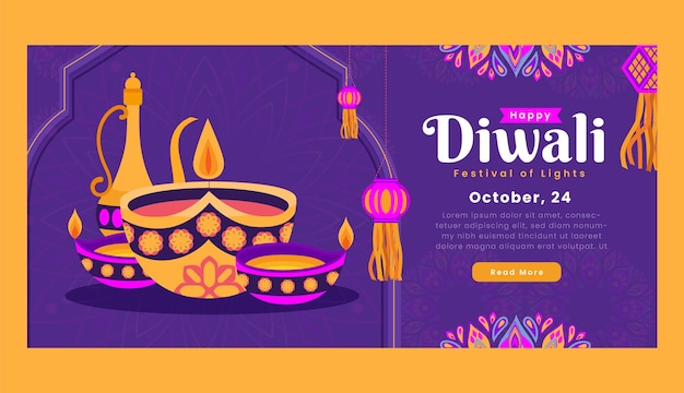 Vetor grátis modelo de banner horizontal plano para celebração de diwali