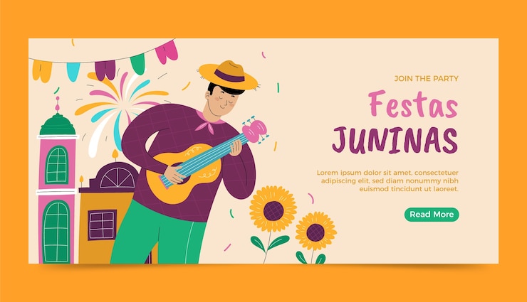 Vetor grátis modelo de banner horizontal plano para celebração de festas juninas brasileiras