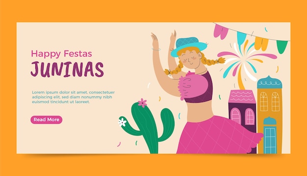 Vetor grátis modelo de banner horizontal plano para celebração de festas juninas brasileiras