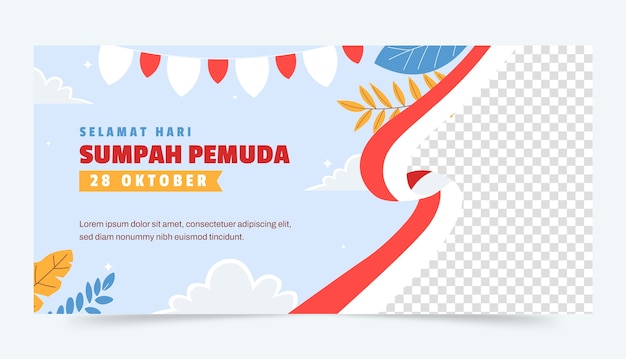 Vetor grátis modelo de banner horizontal plano para celebração de sumpah pemuda da indonésia