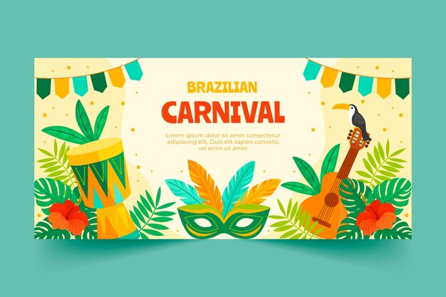 Modelo de banner horizontal plano para celebração do carnaval brasileiro