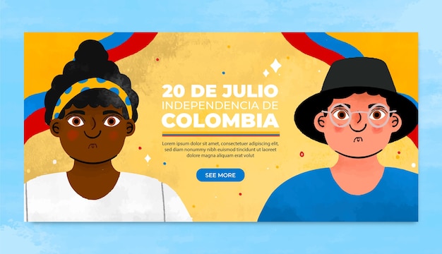 Modelo de banner horizontal plano para celebração do dia da independência colombiana