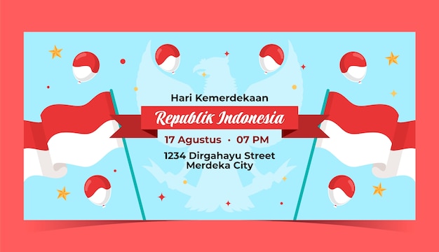 Vetor grátis modelo de banner horizontal plano para celebração do dia da independência da indonésia