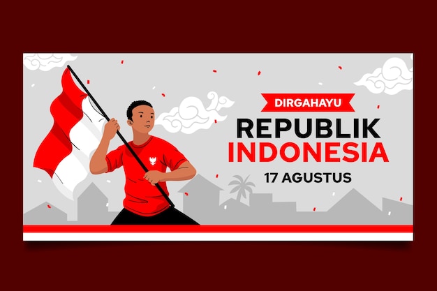 Vetor grátis modelo de banner horizontal plano para celebração do dia da independência da indonésia
