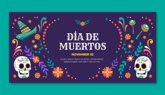 Modelo de banner horizontal plano para celebração do dia de muertos