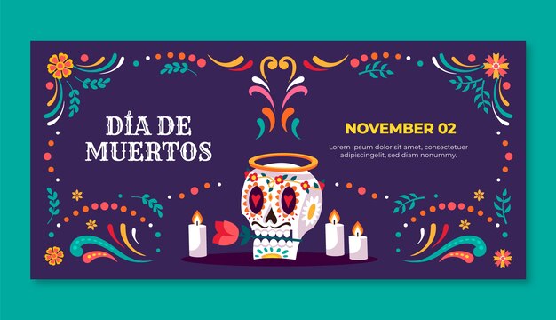 Modelo de banner horizontal plano para celebração do dia de muertos