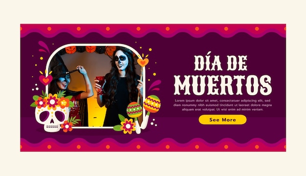 Vetor grátis modelo de banner horizontal plano para celebração do dia de muertos