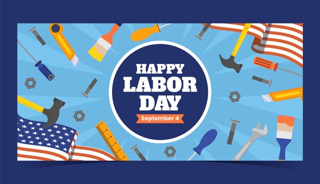 Modelo de banner horizontal plano para celebração do dia do trabalho americano