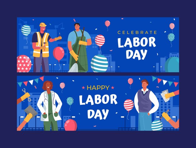 Modelo de banner horizontal plano para celebração do dia do trabalho
