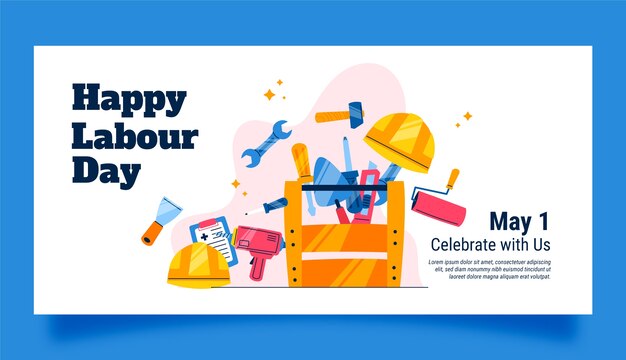 Modelo de banner horizontal plano para celebração do dia do trabalho