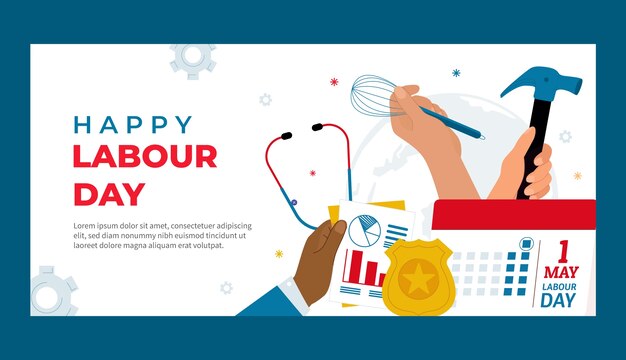 Modelo de banner horizontal plano para celebração do dia do trabalho