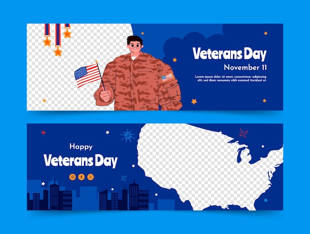 Modelo de banner horizontal plano para celebração do dia dos veteranos dos eua