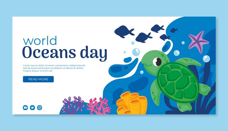 Vetor grátis modelo de banner horizontal plano para celebração do dia mundial dos oceanos