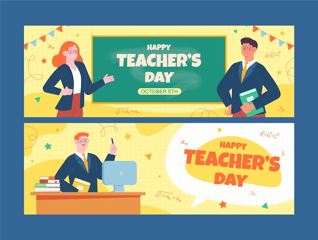 Modelo de banner horizontal plano para celebração do dia mundial dos professores