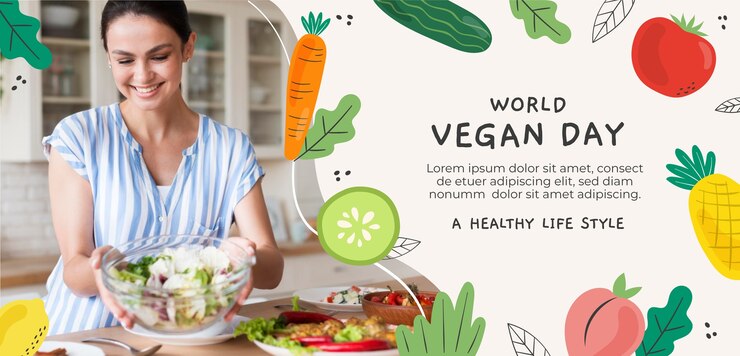 Vetor grátis modelo de banner horizontal plano para celebração do dia vegano mundial