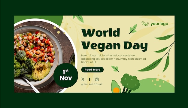 Vetor grátis modelo de banner horizontal plano para celebração do dia vegano mundial