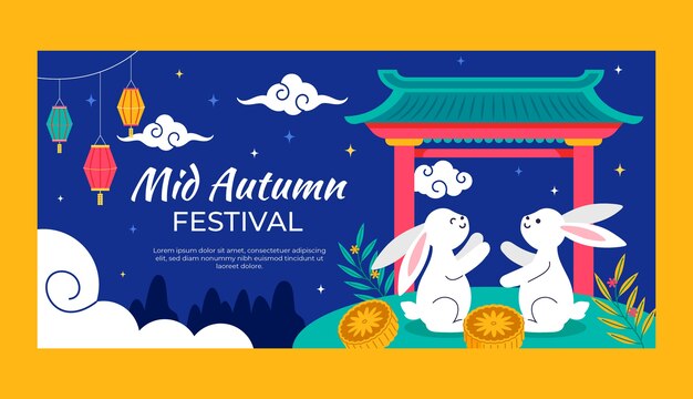 Modelo de banner horizontal plano para celebração do festival chinês de meados do outono