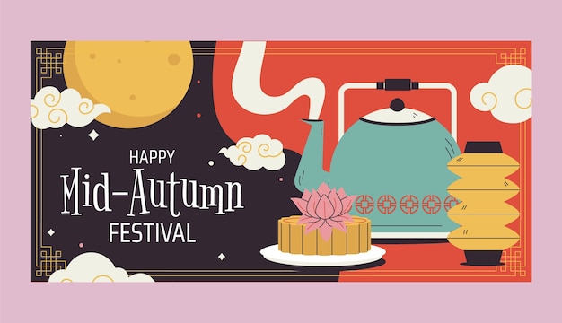 Modelo de banner horizontal plano para celebração do festival do meio do outono