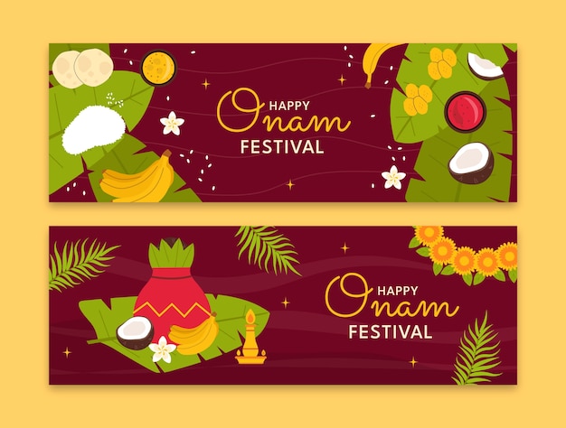 Modelo de banner horizontal plano para celebração do festival onam