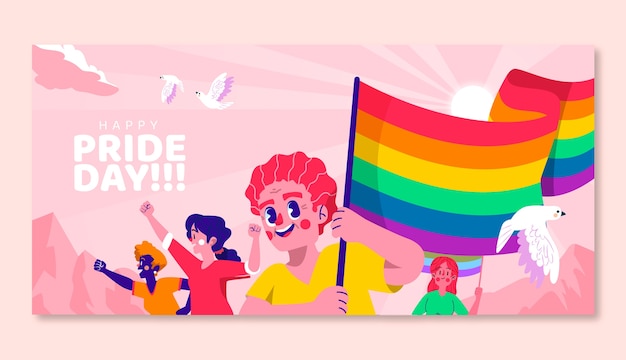 Modelo de banner horizontal plano para celebração do mês do orgulho